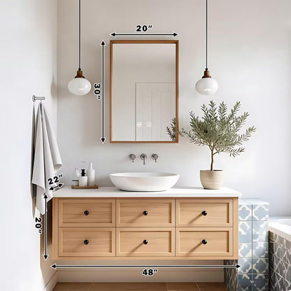 40"-64"Floating Light Wood Bathroom Vanity with Vessel Sink & Wood Framed LED Mirror