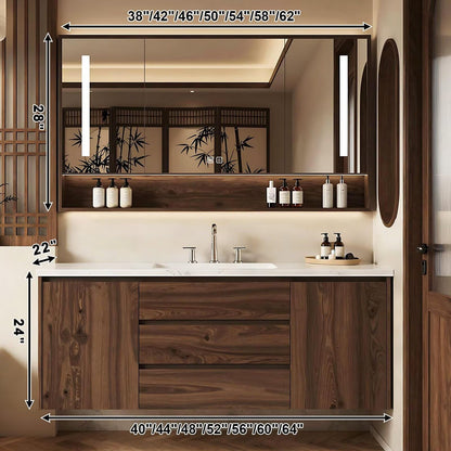 40”-64”Single Sink Floating Bathroom Vanity, Walnut Cabinet with LED Mirror & Open Shelf