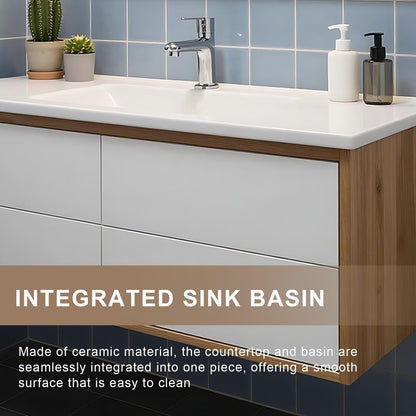 40”-64”Single Sink Floating Bathroom Vanity, Two-Tone White & Oak Cabinet with LED Mirror
