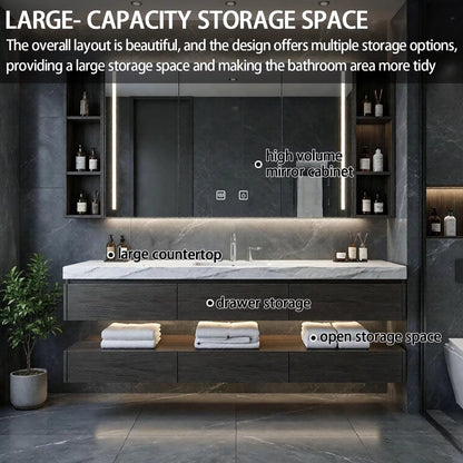 48"-64"Floating Dark Wood Bathroom Vanity with Marble Top & LED Medicine Cabinet