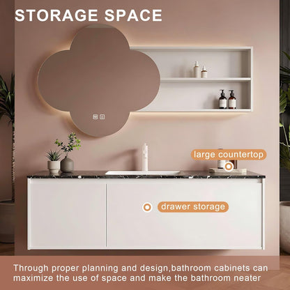 48”-64”Clover Shaped LED Bathroom Mirror with Shelves, Wall Mounted Vanity Mirror with Storage, Modern Lighted Mirror