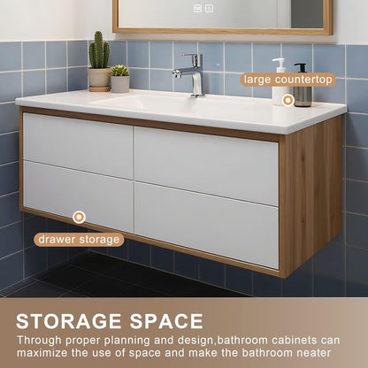 40”-64”Single Sink Floating Bathroom Vanity, Two-Tone White & Oak Cabinet with LED Mirror
