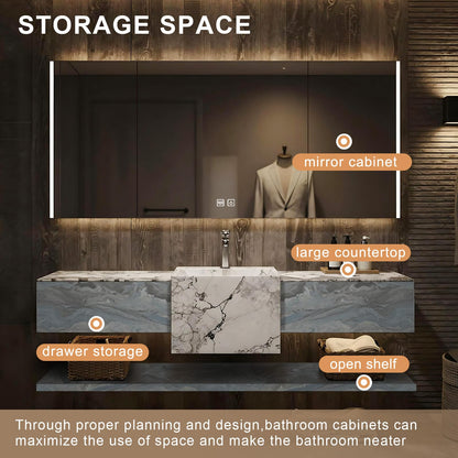 48”-72”Modern Floating Bathroom Vanity with Marble Top & LED Smart Mirror