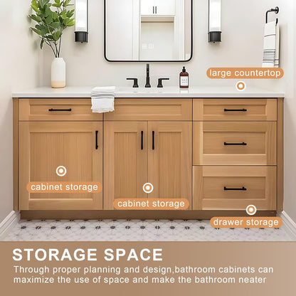 48”-64”Single Sink Freestanding Bathroom Vanity, Light Oak Shaker Cabinet with Black Hardware