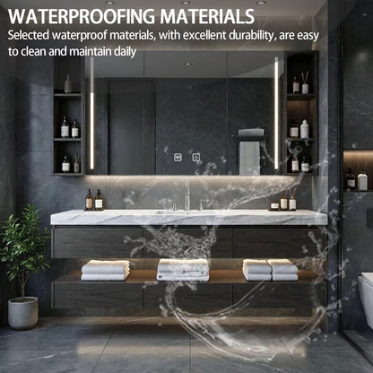 48"-64"Floating Dark Wood Bathroom Vanity with Marble Top & LED Medicine Cabinet