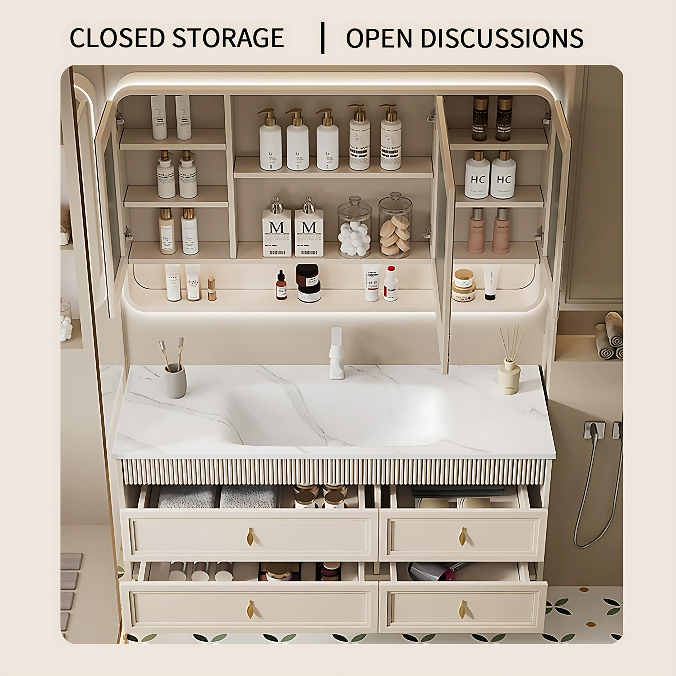 44"-56" Solid Wood Bathroom Vanity Set with Drawers & Defogging Mirror Cabinet & Sink
