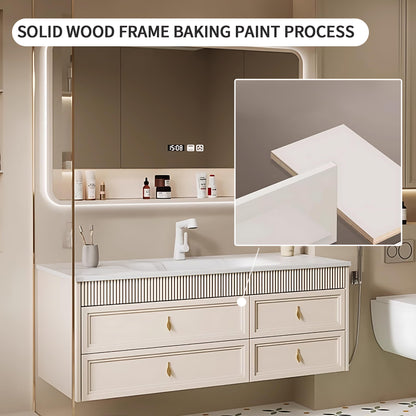 44"-56" Solid Wood Bathroom Vanity Set with Drawers & Defogging Mirror Cabinet & Sink