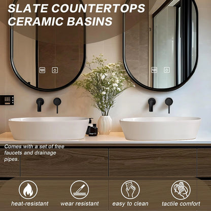 60” - 78” Exquisite Floating Bathroom Vanity Includes Brown Log Cabinet & Irregular Mirror