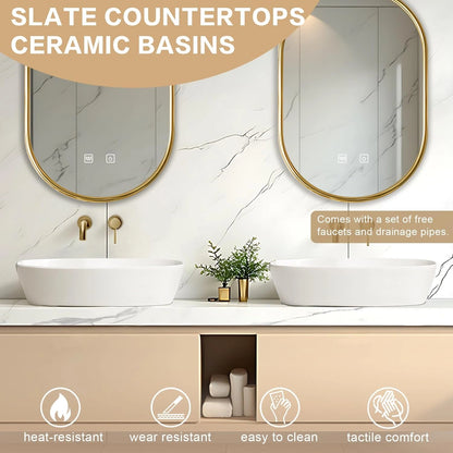60” - 78” Minimalist Practical Bathroom Vanity Includes Beige Cabinet & Irregular Mirrors