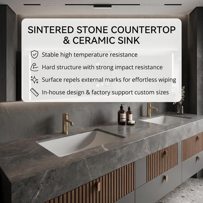 52''-110'' Floating Bathroom Vanity with Sinks Inlcudes Drawer Storage,Gray Sintered Stone Top