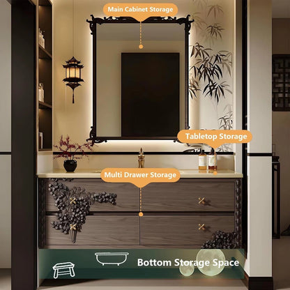 40” – 64” Vintage Carved Bathroom Vanity with Golden Cross Shaped Handle