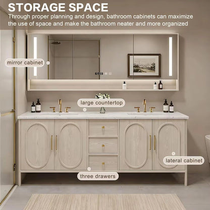 68” - 84” French Bathroom Vanity Includes Beige Wood Grain & Curved Ornamentation