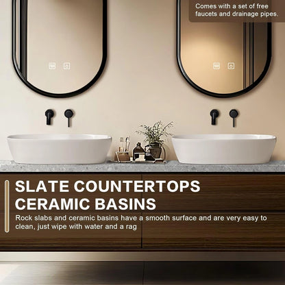 60” -78” Dark Wood Bathroom Vanity Includes Symmetrical Locker Design & Double Sinks