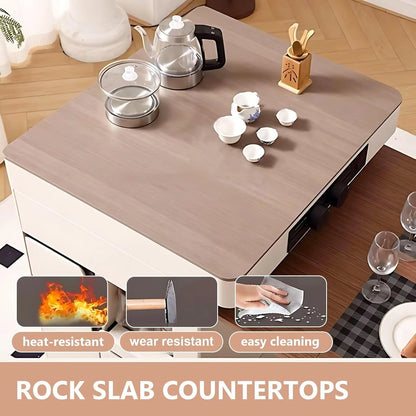 91” French Exquisite Kitchen Island Includes Open Shelf & Glass Door (No Chair)