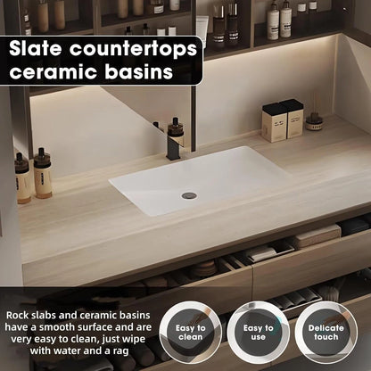 40” - 64” Modern Floating Bathroom Vanity Include Ceramic Basin & Defog Mirror Cabinet