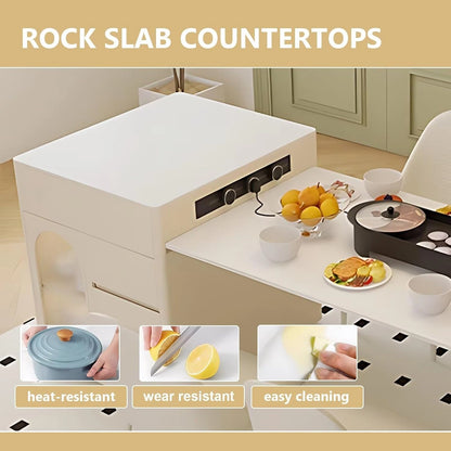 65” - 73” White Simple Kitchen Island with Various Storage Spaces & Slide Rail Socket (No Chair)