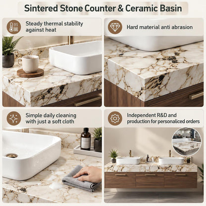 52''-110'' Modern Floating Bathroom Vanity with Double Sink Includes Wood Drawer Storage
