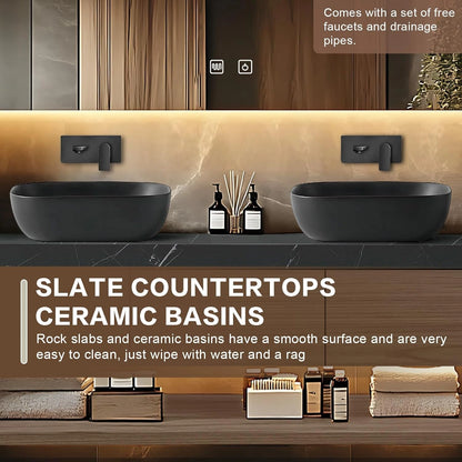 60” - 68” Minimalist Bathroom Vanity Includes Grey Sink & Wood Grain Cabinet