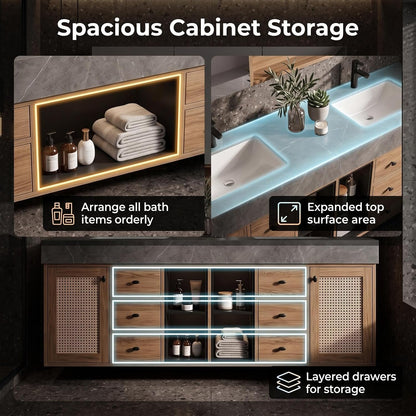 52‘’-110‘’ Floating Bathroom Vanity with Woven Door,Woven Rattan Detail