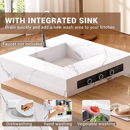 92” - 100” Simple Natural Kitchen Island Includes White Patterned Platform (No Chair)