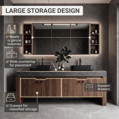 52''-110'' Freestanding Bathroom Vanity with Double Sink Includes Walnut Finish,Spacious Mirror Storage