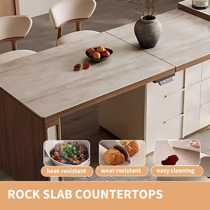79” Light Beige Kitchen Island Includes Embedded Socket & Large Storage Space (No Chair)