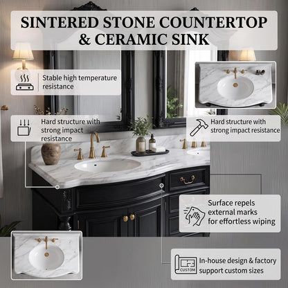 52''-110'' Modern Bathroom Vanity with Double Sinks Includes Black Carved Mirror