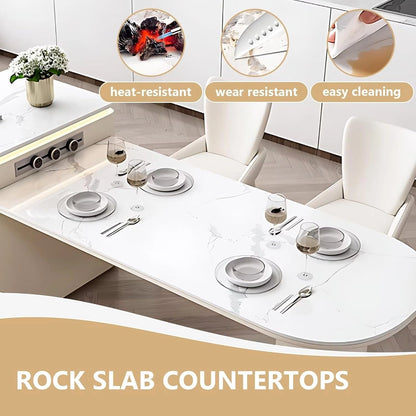 75” - 91” White Minimalist Kitchen Island Includes Cylindrical Base (No Chair)