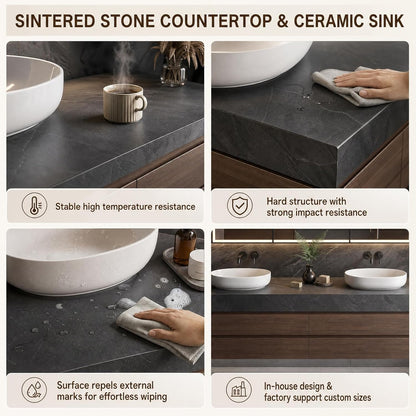 52''-110'' Floating Bathroom Vanity with Double Sinks Includes Wood Finish Sintered Stone
