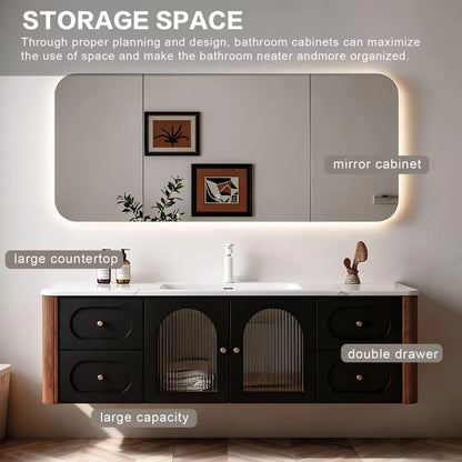 52” - 64” Modern Luxury Bathroom Vanity Includes Vertical Patterned Glass Door