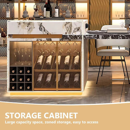 87” - 98” Unique Elegant Kitchen Island Includes Glass Cabinet & Open Lattice (No Chair)