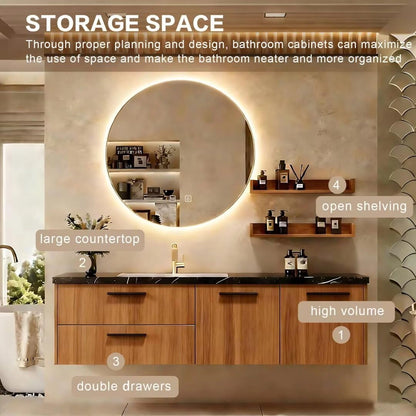 48” - 68” Wood Grain Bathroom Vanity with Round Smart Anti-Fog Mirror