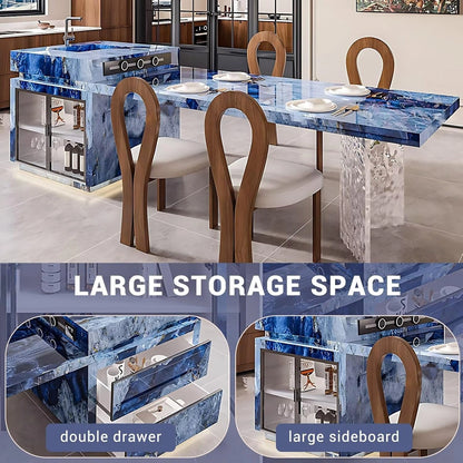 94” - 109” Exquisite Kitchen Island with Blue Unique Texture & Visual Storage (No Chair)