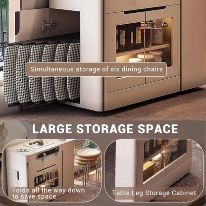 White Minimalist Kitchen Island with Foldable Cabinets & Visual Storage (6 Chairs)