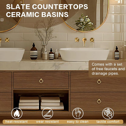 68” - 80” Retro Simple Bathroom Vanity Includes Solid Wood Cabinet & Round Mirror