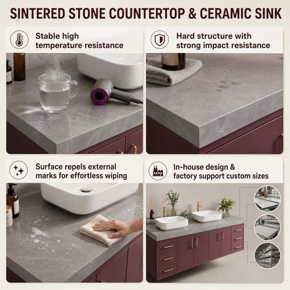 76''-110'' Floating Bathroom Vanity with Double Sink Includes Red Matte Cabinet
