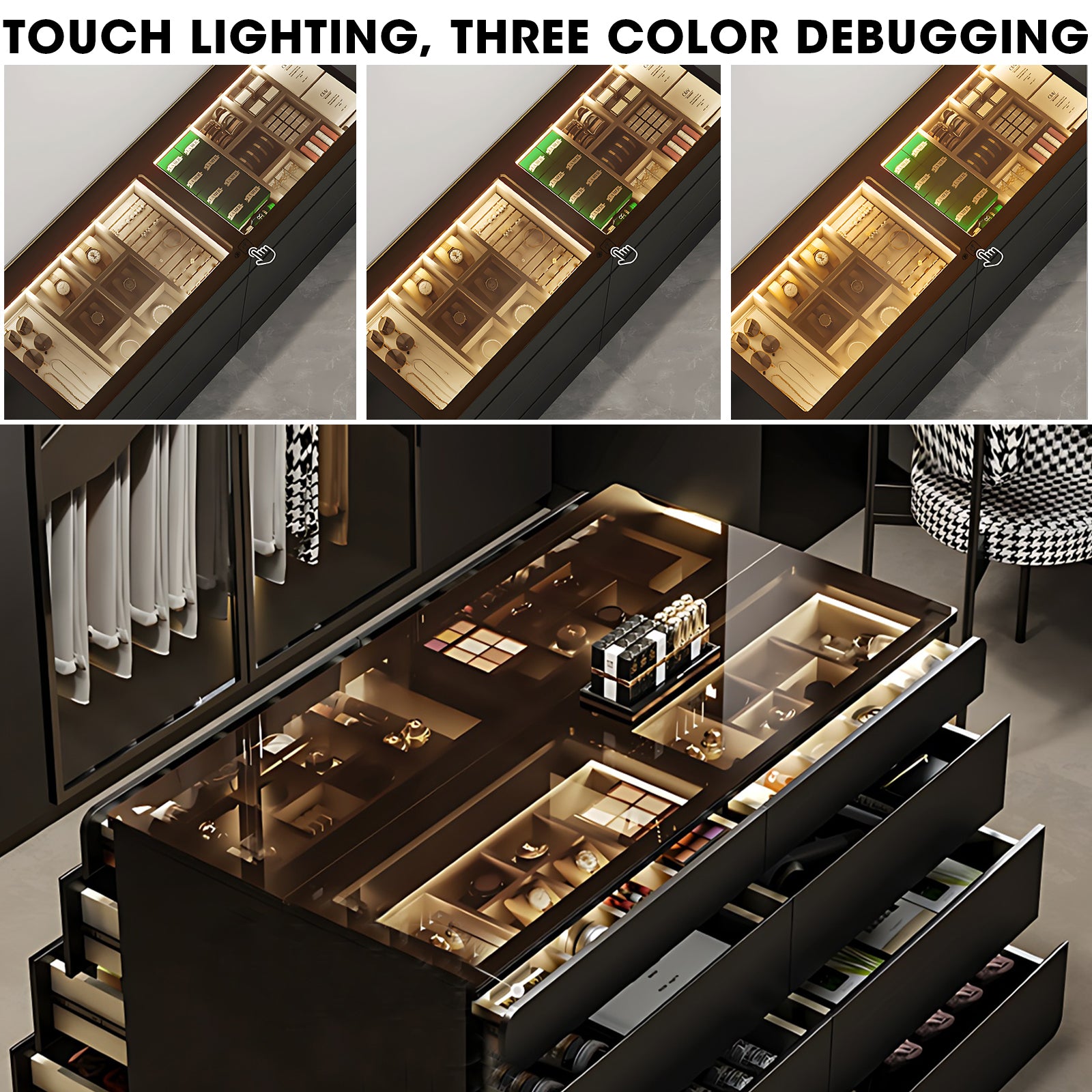 39-55' Black Glass-Top Walk-In Closet Island Dresser & Chest Jewelry Storage 31.5IN / 55IN