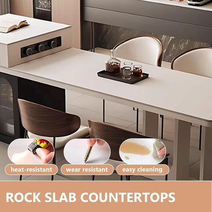 66” - 82” Simple Cozy Kitchen Island Includes Unique Hollow Design Base & Glass Cabinet (No Chair)