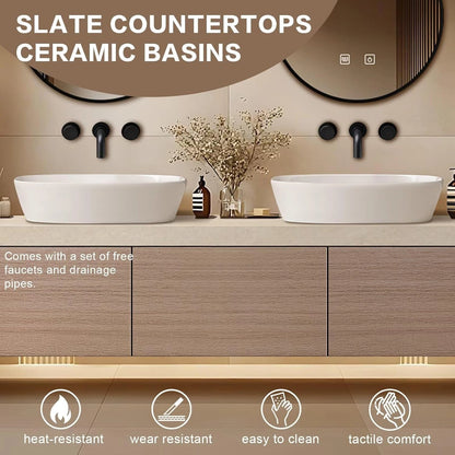 60” – 96” Minimalist Floating Bathroom Vanity with Ceramic Vessel Sinks