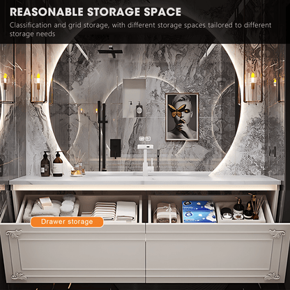 36"- 72" White Wall Mounted Bathroom Vanity with Single Sink and Round Smart LED Mirror