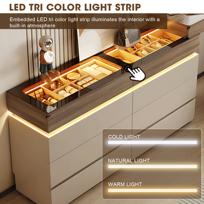 Modern Wardrobe Island Cabinet with Visible Tempered Glass Top - High-End, Large Capacity, Sectional Storage with LED Light and Jewelry Display