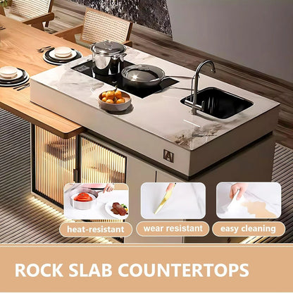 91” Modern Luxury Kitchen Island Includes Integrated Slate Sink for 2-8 Person (No Chair)