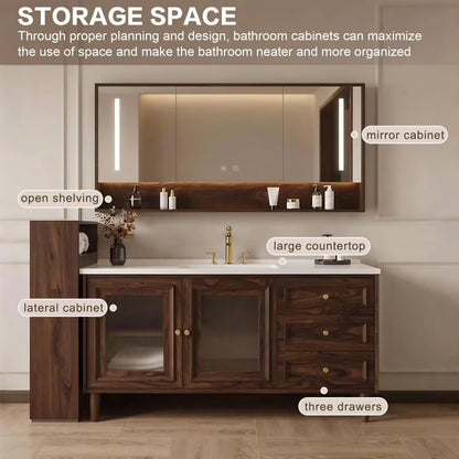 40” - 64” Vintage Bathroom Vanity Includes Striped Glass Door & Open Shelving