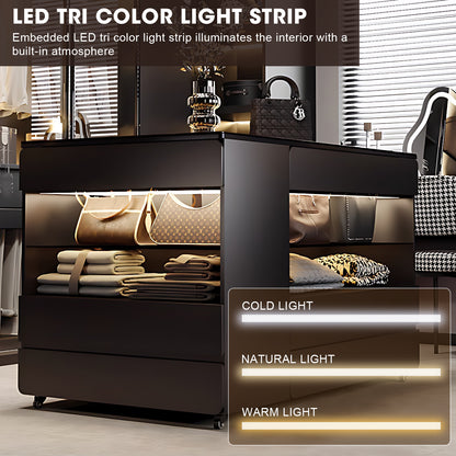 Luxurious Closet Island With Glass Top And Jewelry Storage,Black Simple Style