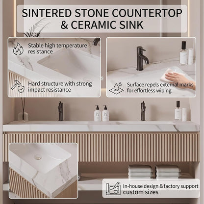 52''-110'' Modern Bathroom Vanity with Double Sinks Includes Beige Striped Design Panel