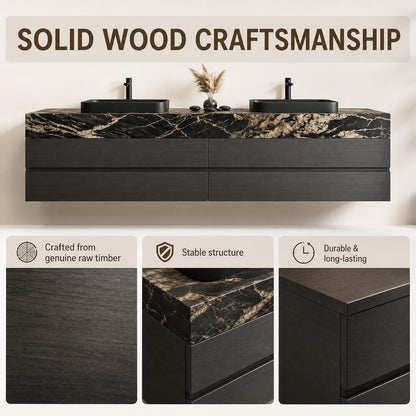52''-110'' Floating Bathroom Vanity with Double Sink Includes Luxury Black Drawers