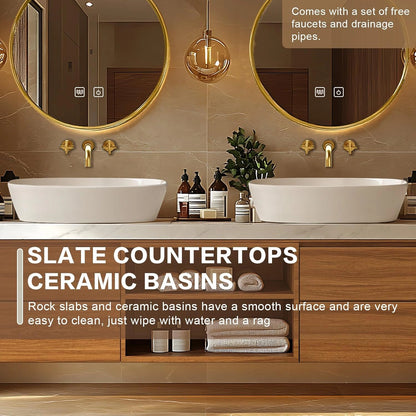 60” – 96” Natural Floating Bathroom Vanity Includes Open Storage Rack & Patterned Countertop