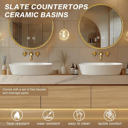 60” - 96” Modern Warm Bathroom Vanity Includes Textured Rock Slab