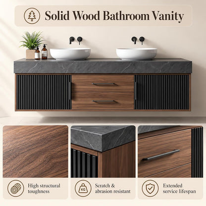 52‘’-110‘’ Floating Bathroom Vanity with Sink  Includes Walnut Drawer Accents