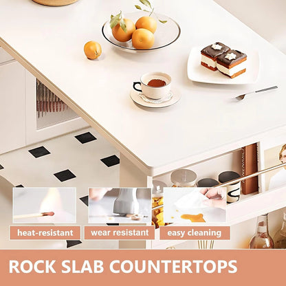 47” - 63” Elegant White Kitchen Island Includes Open Shelf & Glass Door (No Chair)